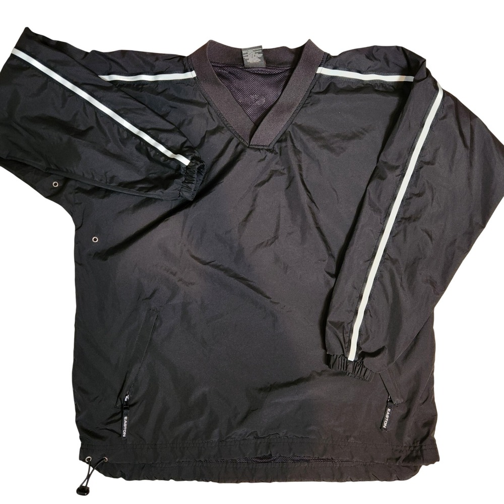 Easton Mens V-Neck Windbreaker Pullover Jacket Black White Stripe Large